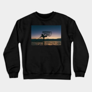 Silhouette of Traditional Fisherman on Lake Inle, Myanmar Crewneck Sweatshirt